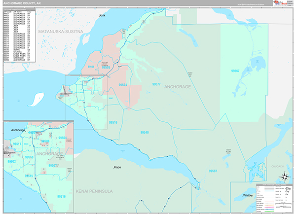 Anchorage Borough (County), AK Carrier Route Wall Map