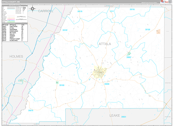 Attala County, MS Zip Code Map