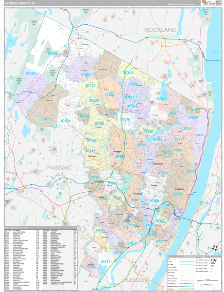 Bergen County Wall Map Premium Style