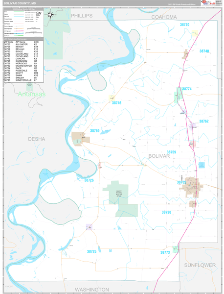 Bolivar County, MS Wall Map Premium Style