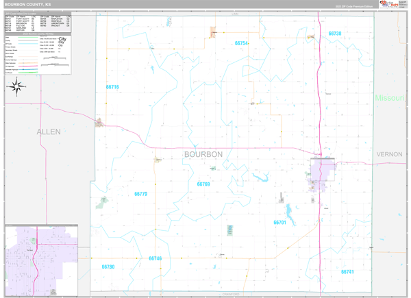 Bourbon County, KS Carrier Route Wall Map