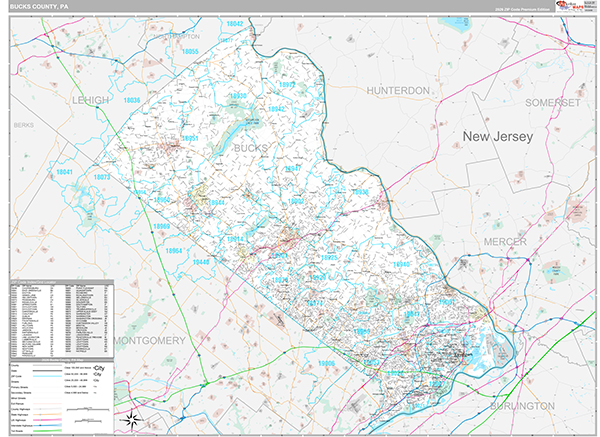 Bucks County, PA Wall Map Premium Style