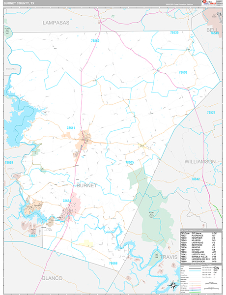 Burnet County, TX Zip Code Map