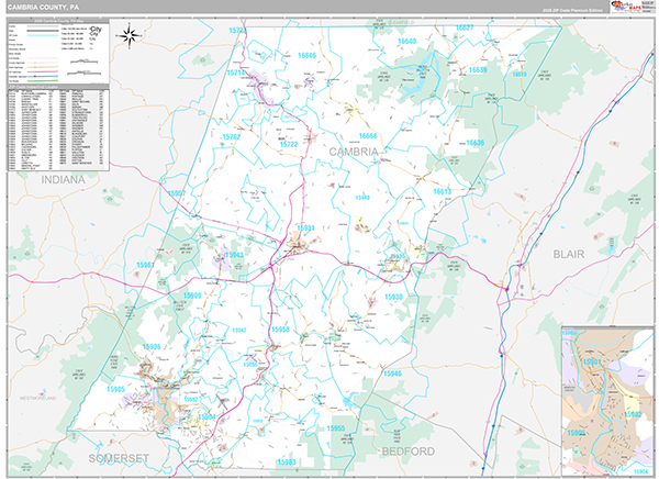 Cambria County, PA Wall Map Premium Style