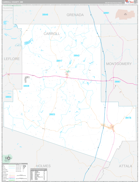 Carroll County, MS Carrier Route Wall Map