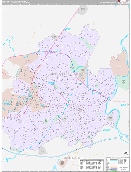 Charlottesville County, VA Zip Code Wall Map