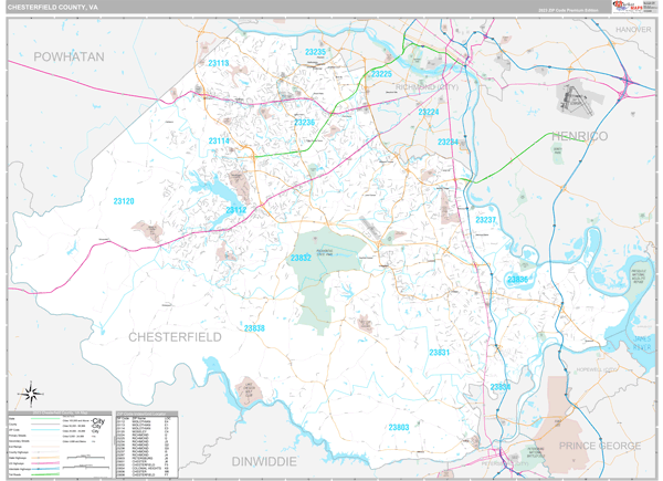 Chesterfield County VA Zip Code Map Premium