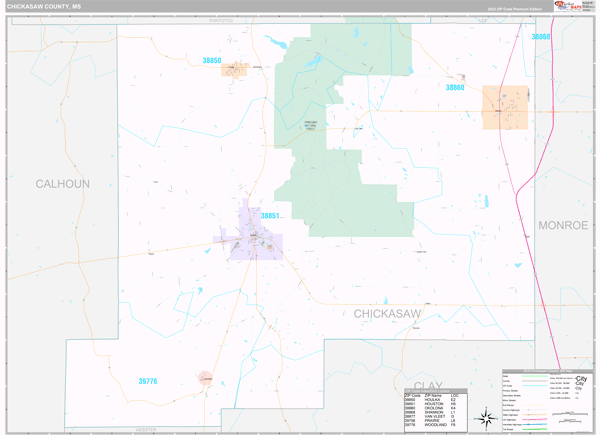 Chickasaw County, MS Carrier Route Wall Map