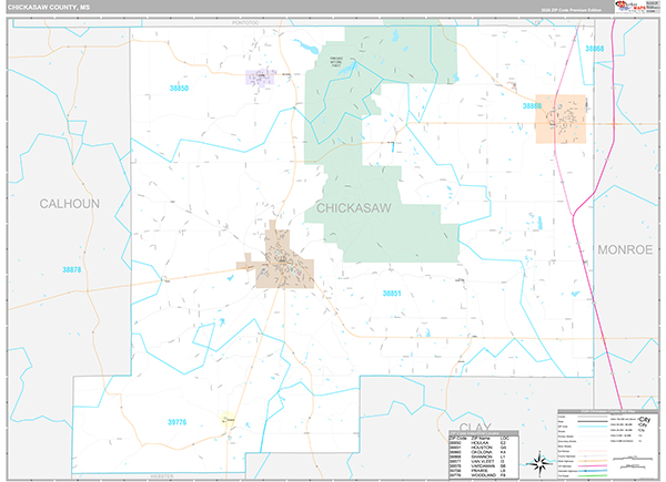 Chickasaw County, MS Zip Code Map
