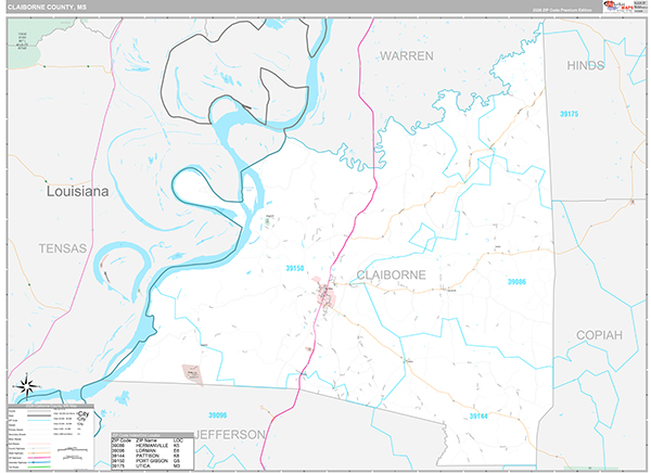 Claiborne County, MS Zip Code Map
