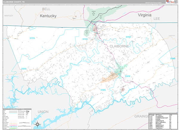 Claiborne County, TN Zip Code Map