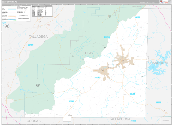 Clay County, AL Wall Map Premium Style