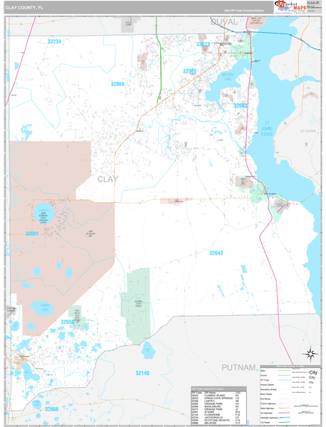 Clay County FL Wall Map Premium Style By MarketMAPS MapSales