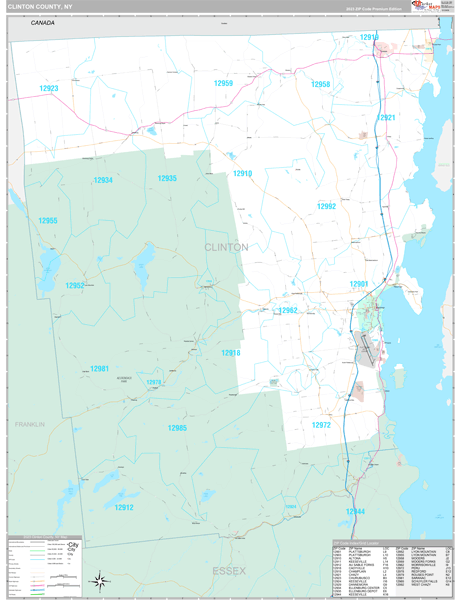 Clinton County, NY Wall Map Premium Style