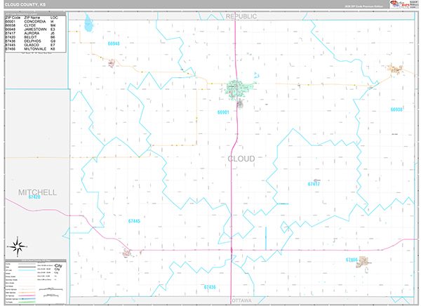 Cloud County, KS Zip Code Map