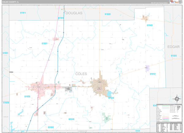 Coles County, IL Wall Map Premium Style