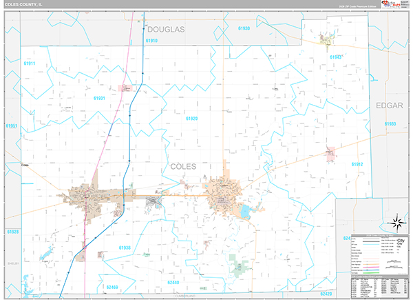 Coles County, IL Wall Map