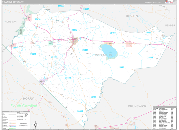 Columbus County, NC Carrier Route Wall Map