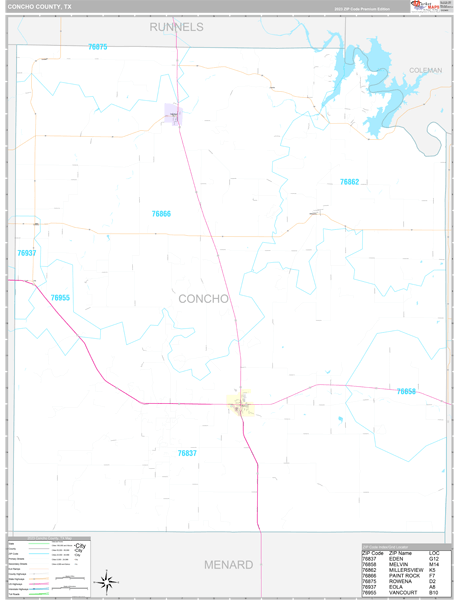 Concho County, TX Carrier Route Wall Map