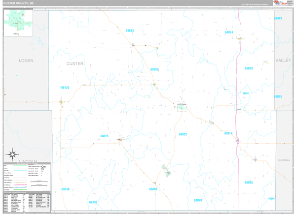 Custer County, NE Carrier Route Wall Map