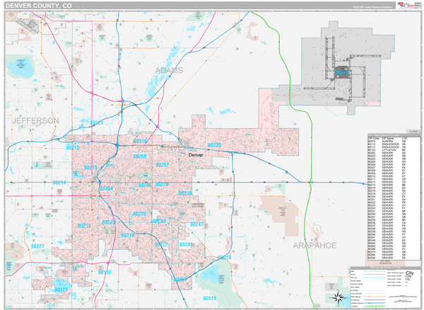 Denver County, CO Carrier Route Wall Map