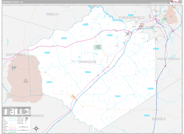 Dinwiddie County, VA Zip Code Map