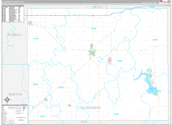 Ellsworth County, KS Zip Code Map