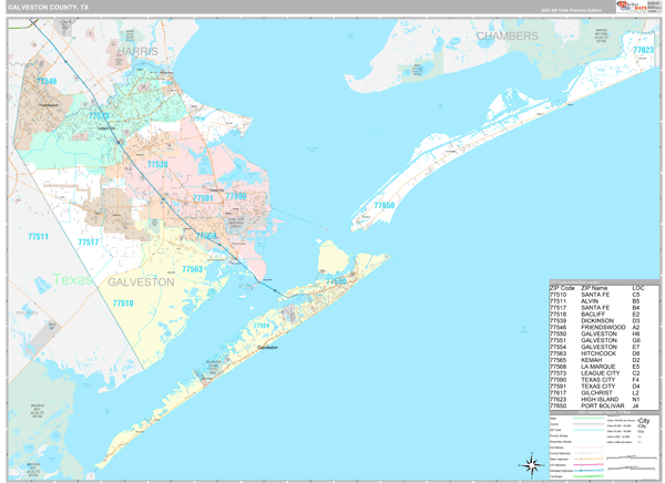 Galveston County, TX Carrier Route Wall Map