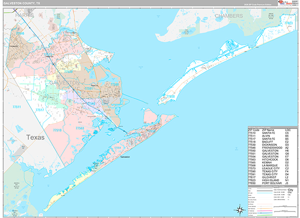 Galveston County, TX Zip Code Map