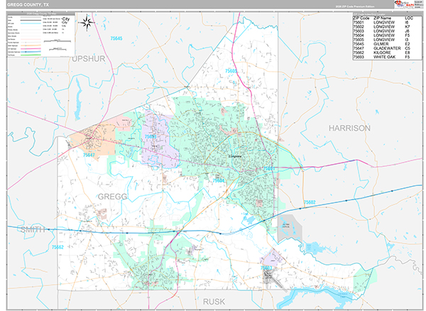 Gregg County, TX Zip Code Map