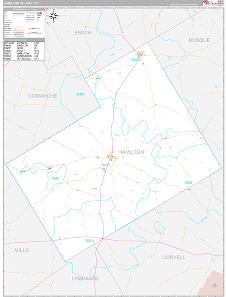 Hamilton County, TX Zip Code Map