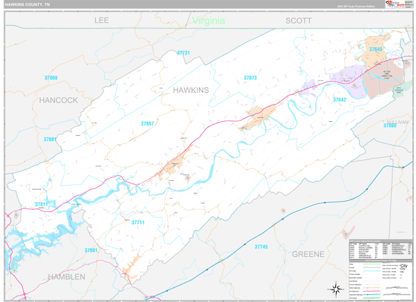 Hawkins County, TN Wall Map Premium Style