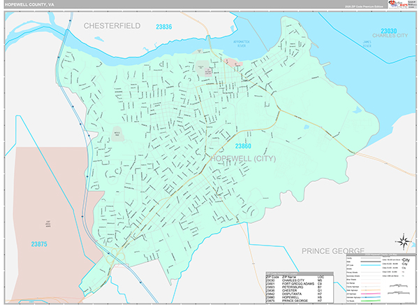 Hopewell County, VA Zip Code Wall Map