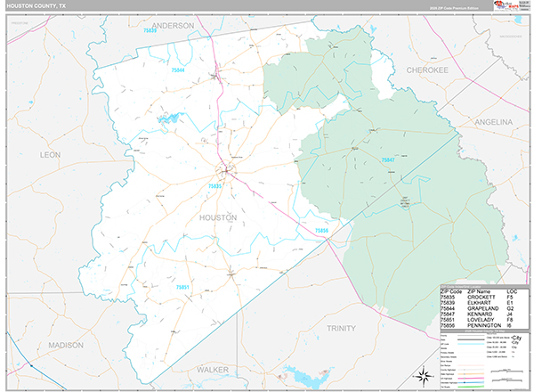 Houston County, TX Zip Code Map