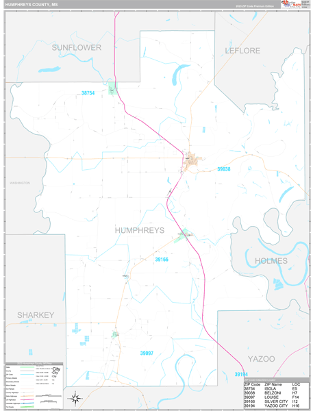 Humphreys County, MS Wall Map Premium Style