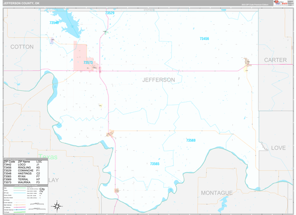 Jefferson County, OK Wall Map Premium Style