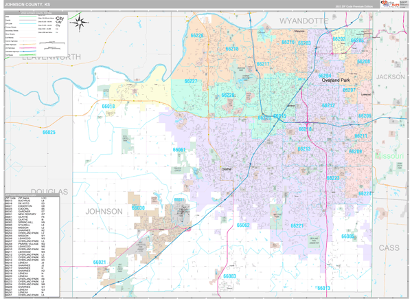 Johnson County, KS Wall Map Premium Style by MarketMAPS
