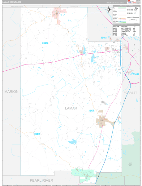 Lamar County, MS Zip Code Wall Maps