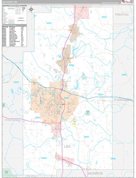 Lee County, MS Zip Code Map
