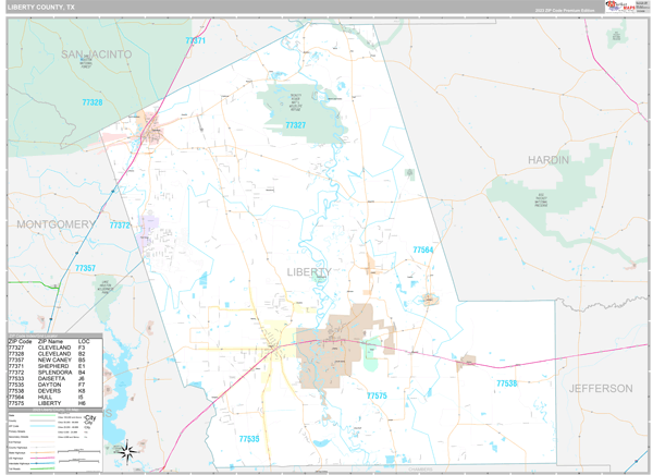 Liberty County, TX Carrier Route Wall Map