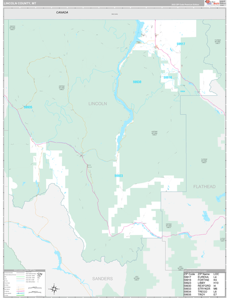 Lincoln County, MT Carrier Route Wall Map