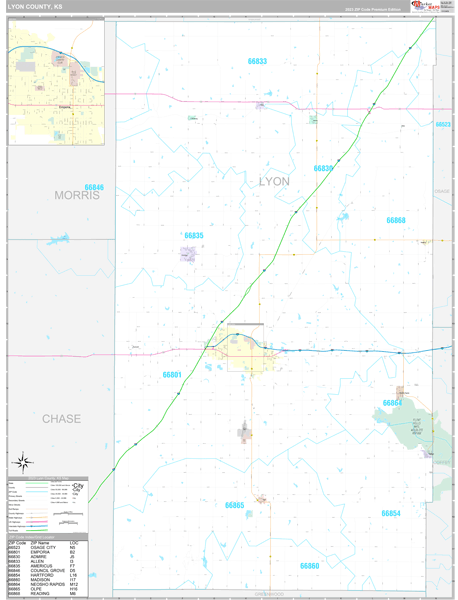 Lyon County, KS Carrier Route Wall Map