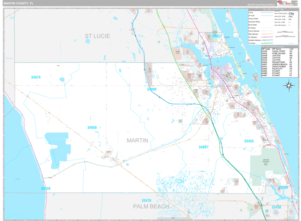 Martin County Zip Code Map Martin County, FL Wall Map Premium Style by MarketMAPS