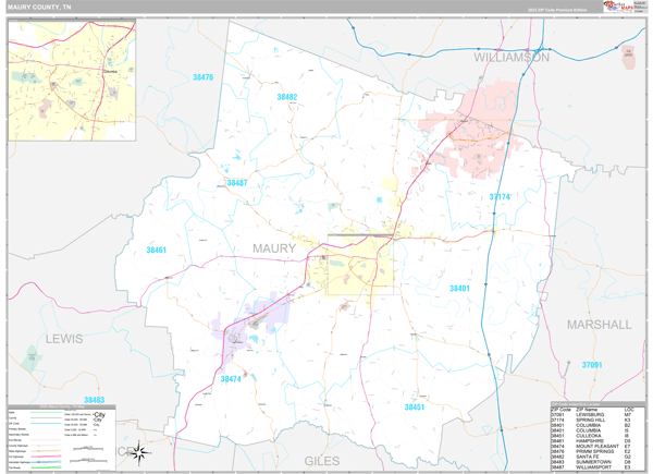 Maury County, TN Carrier Route Wall Map
