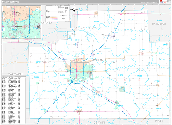 McLean County, IL Wall Map Premium Style