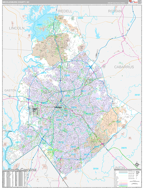 Mecklenburg County, NC Wall Map Premium Style