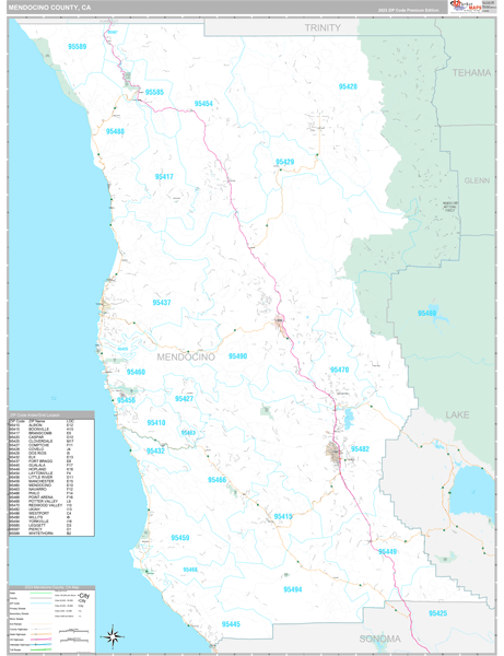Mendocino County, CA Wall Map Premium Style