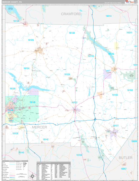 Mercer County, PA Wall Map Premium Style