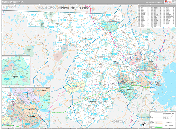 Middlesex County, MA Wall Map Premium Style