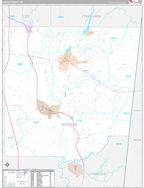 Monroe County, MS Zip Code Map